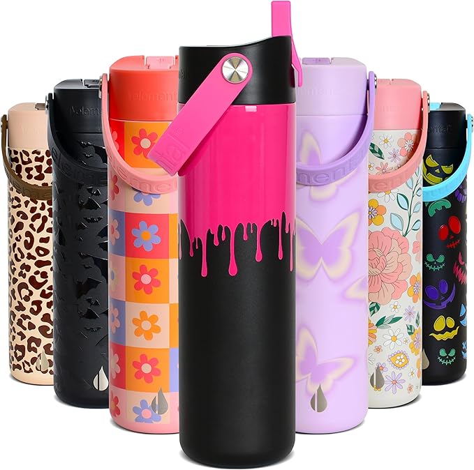Elemental 24oz Insulated Water Bottle with Straw - 100% Leak-Proof Stainless Steel Core Water Bottles for Travel, Sports and Gym - Double Wall Insulation & BPA Free - Hot Pink Drip