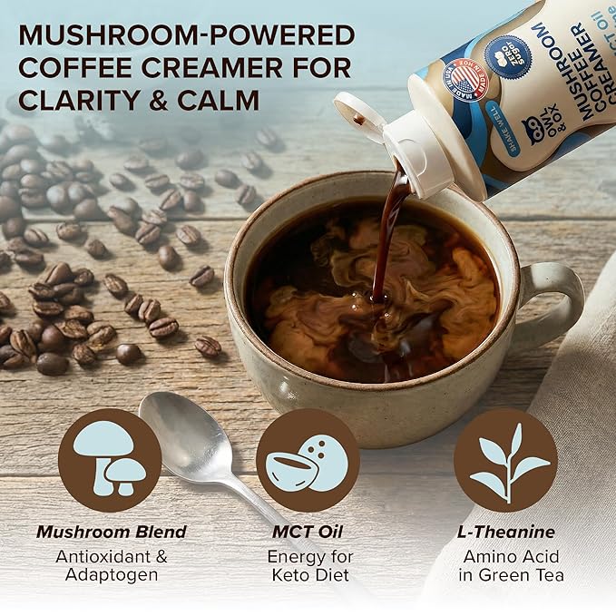 Mushroom Coffee Creamer with MCT Oil Blend & L-Theanine | MCT Coffee Creamer, Keto Coffee Creamer, Dairy Free, Sugar Free, Vegan, Plant Based, Hazelnut Chocolate Flavor, 30 Servings | Made in USA