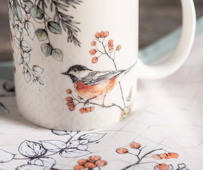 Maison d' Hermine Coffee Mug with Handles Fine Bone China Mugs Pack of One Tea Cups for Hot Beverages Cappuccino Latte Home Office Perfect for Gift (Whitish Shabby Chique - Winter Berries, 12 Ounce)