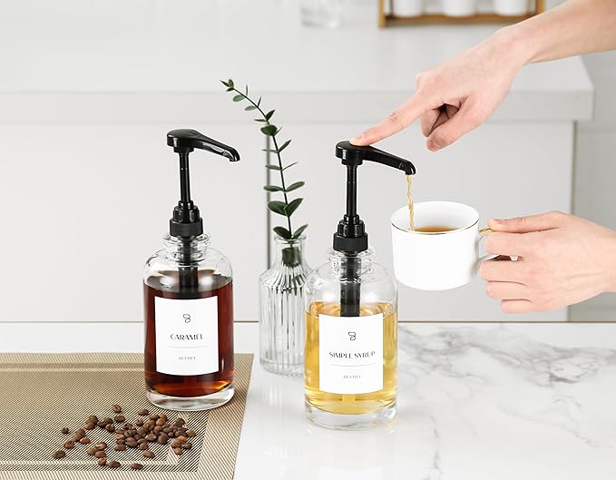 BEYTIFY Glass Coffee Syrup Dispenser Set | Glass Syrup Bottles with Pump Tops & 12 Labels | Refillable Leak-Proof Dispensers for Coffee Bar, Vanilla Caramel Hazelnut Syrups | Clear Glass, 2 Pack (16.9oz/500ml)
