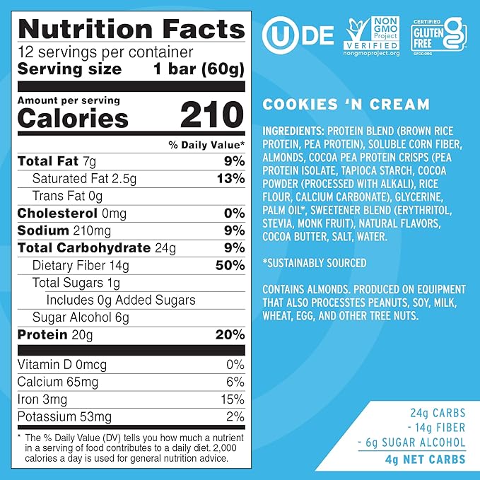 No Cow Vegan Protein Bars, Upgraded Cookies 'n Cream | 20g Plant Based Protein, Gluten Free, Dairy Free, Soy Free, Keto Friendly, Low Sugar, High Fiber Snack Bars | Pack of 12