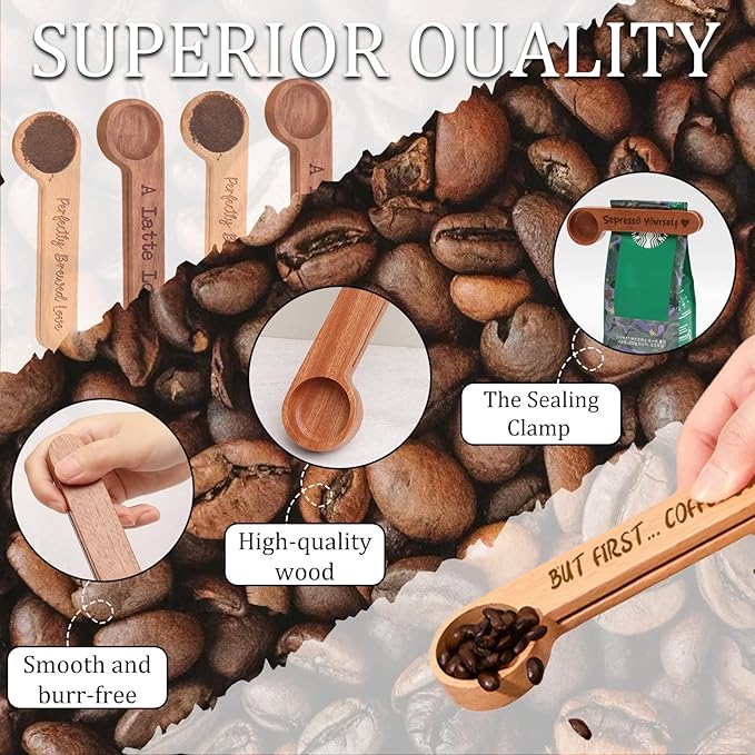 Personalized Wooden Coffee Scoop with Clip, Custom Engraved Measuring Coffee Spoon with Name for Ground Beans or Tea, Sugar, Protein Powder, Coffee Lover Family Dad Mom Birthday Valentines Gifts