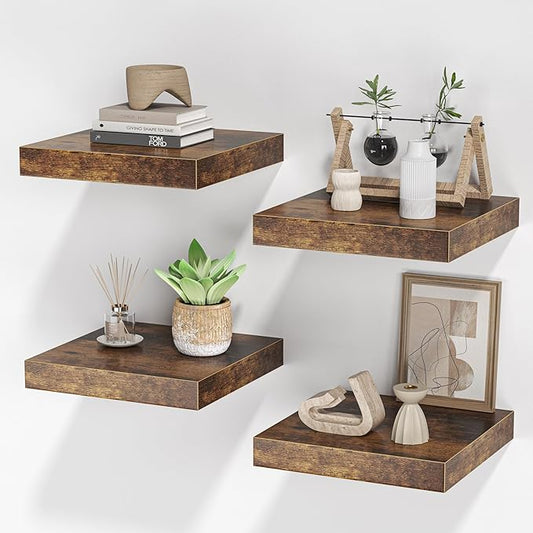 Square Floating Shelves for Wall, 10"W x 10"D x 1.4"H, Small Wooden Wall Mounted Display Shelf with Invisible Brackets for Living Room, Bedroom, Bathroom, Kitchen Decor, Set of 4, Rustic Brown