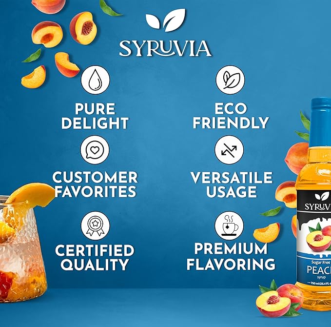 Syruvia Sugar-Free Peach Syrup, Flavored Syrup for Drinks, Cocktails, Lemonades, Iced Teas, and Desserts – 25.4 fl oz, With Pump