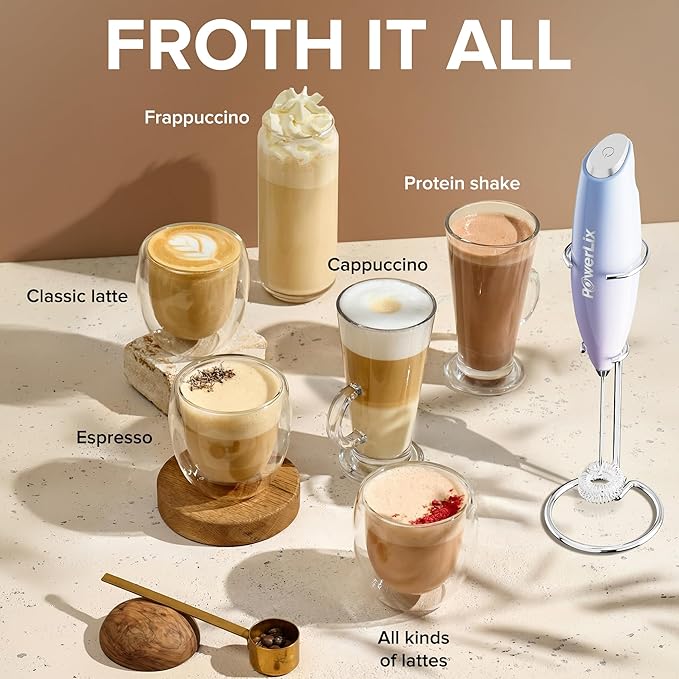 PowerLix Powerful Handheld Milk Frother With Stand Battery Operated Foam Maker Frother Wand For Coffee (Blue)