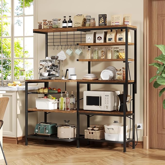 iabifo L-Shaped Bakers Rack with Power Outlet, 6-Tier Microwave Stand with Open Storage, Coffee Bar with Hooks, Mesh Grid, Kitchen Shelf with Wire Basket, Rustic Brown and Black