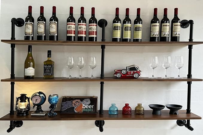 Industrial Pipe Wall Shelves Pipe Shelving,Natural Wood 60 Inches Long Walnut Floating Shelves for Wall Farmhouse Pipe Book Shelves for Kitchen,Living Room, Bar Shelving