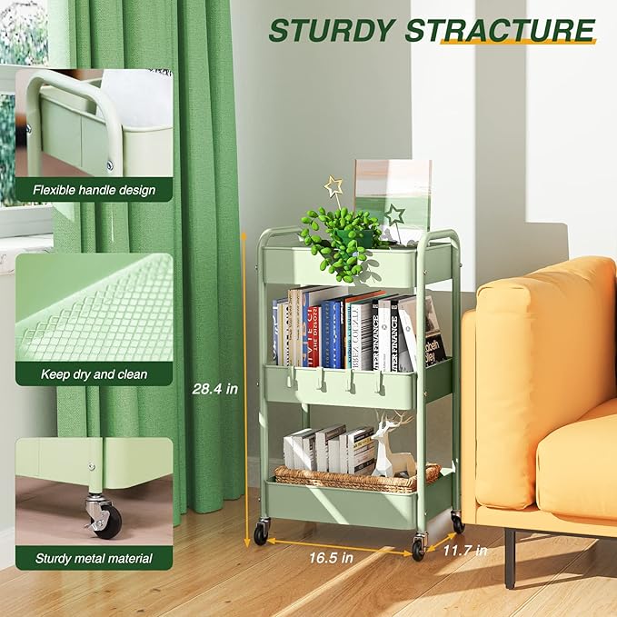 LEHOM 3 Tier Rolling Storage Cart, Metal Trolley Utility Cart with Wheels & Hooks, Easy Assembly Organizer Storage Cart for Bathroom Kitchen Office Bedroom