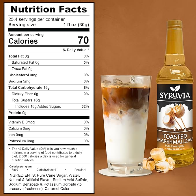 Syruvia Coffee Syrup, Toasted Marshmallow Flavored Syrup for Drinks, Lattes, and Desserts – 25.4 fl oz, With Pump