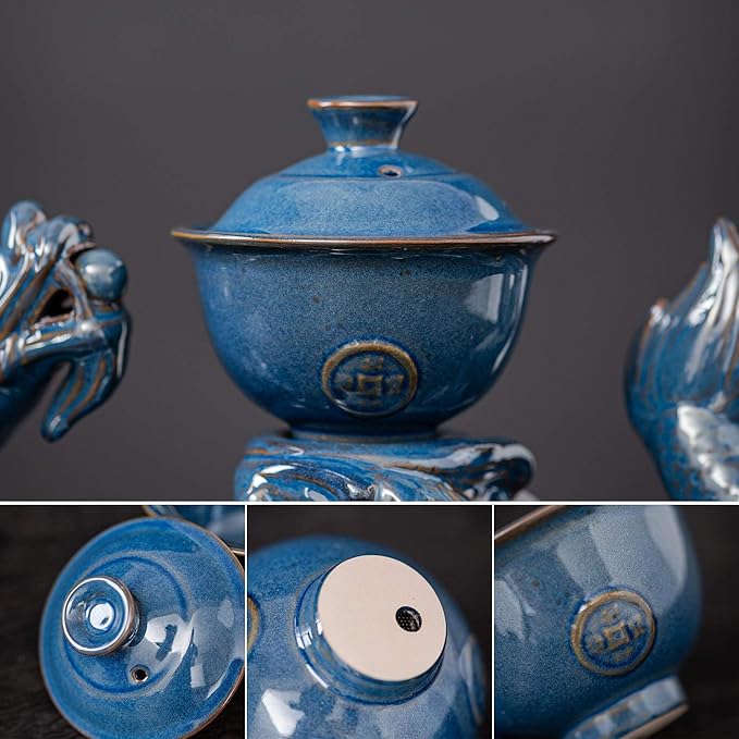Ceramic Teapot with Infuser Semi Automatic Tea Set Magic Teapot with 8 cups Gradient Color (Blue Dragon- A)