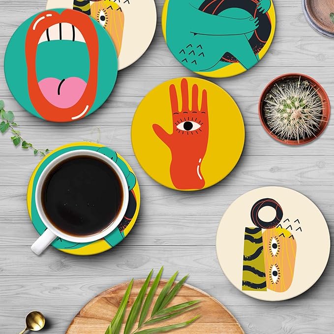 Britimes Table Coaster for Drinks Set of 6, Cute Funny Vintage Music Retro Geometric Coffee Absorbent Round Ceramic Stone Mat, with Cork Base and Metal Holder, Gift for Housewarming Room Bar Decor