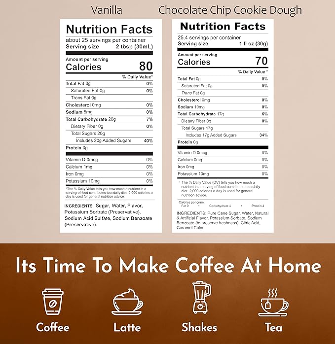 Syruvia Coffee Syrup Variety Pack - Vanilla & Chocolate Chip Cookie Dough- Gluten-Free, Kosher, 25.4 fl oz Bottles - Enhance Your Coffee Experience with Premium Flavoring Syrups