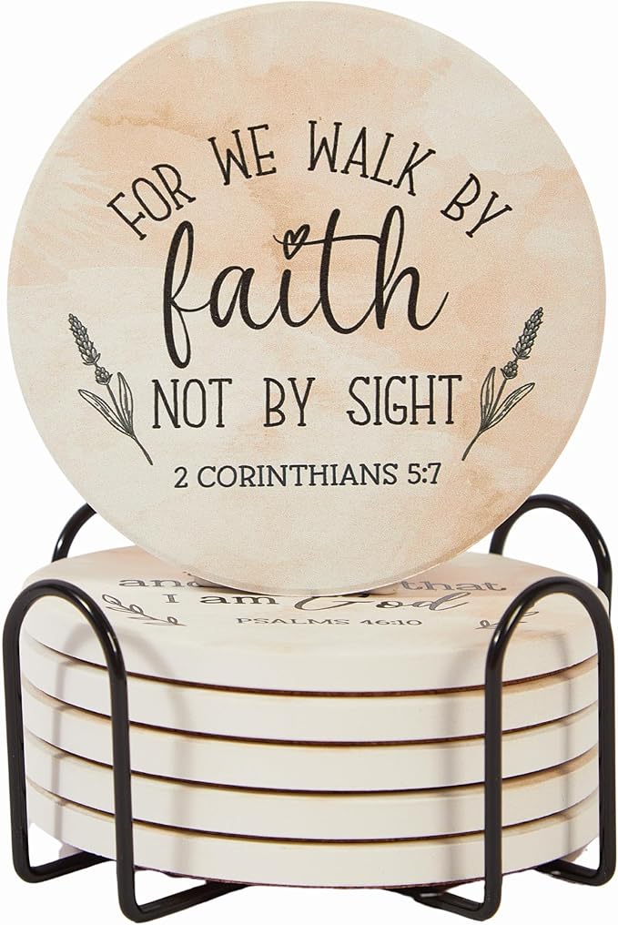 Christian Coasters Set of 6 with Holder– Ceramic Absorbent Drink Coasters for Coffee Table Desk, Modern Cute Moisture Absorbing Coasters, Christian Gifts Alternative to Cork, Silicone or Glass Coaster