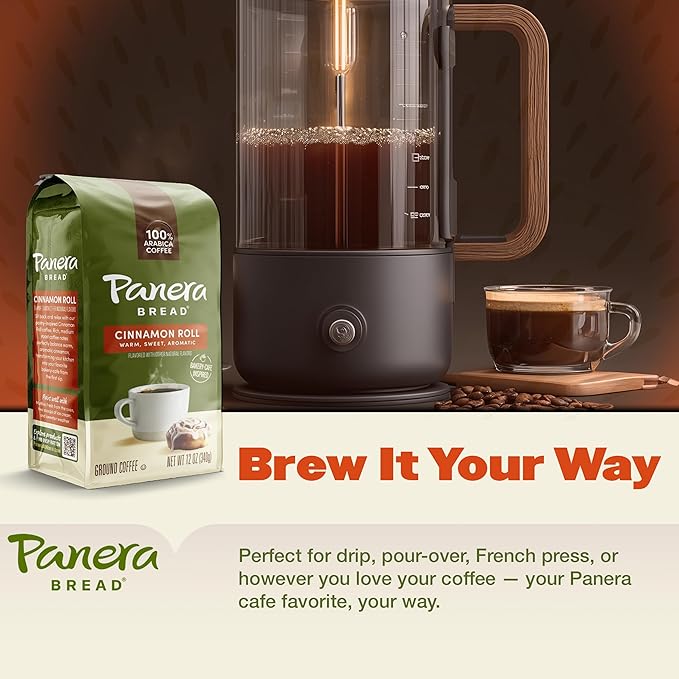 Panera Coffee Cinnamon Roll Ground Coffee, 100% Arabica Medium Roast, Bakery-Inspired Flavor, No Artificial Ingredients, 12oz Bag for Home Brewing