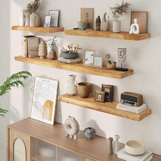 Floating Shelves, 8" Deep Rustic Solid Wood Wall Mounted Floating Shelves, Wall Shelves with Invisible Bracket for Living Room Bathroom Bedroom Kitchen, 24 Inch Set of 2, Natural