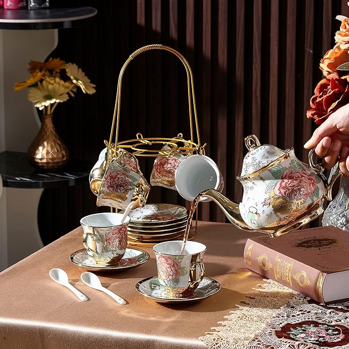 Zhehao 20 Pcs Porcelain Tea Set with Metal Holder and Spoon Adult Ceramic Tea Set European Flower Painting Teapot Cup Saucer Spoon for Women, Large Version (Bright Style)