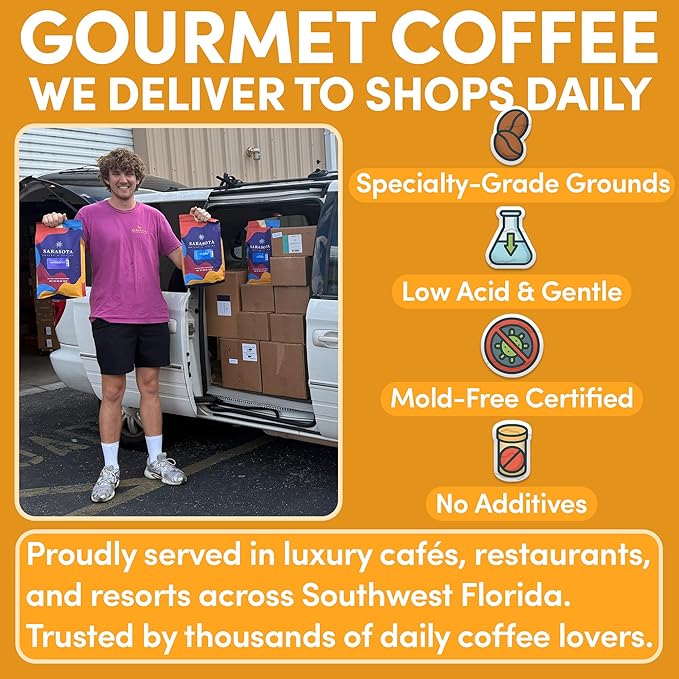 Sarasota Coffee Ground Southern Texas Butter Pecan | Medium Roast Gourmet Flavored Coffee Grounds | Low Acid, Mold Free, Specialty Grade Flavored Bulk Ground Coffee | 5lb (80 oz)