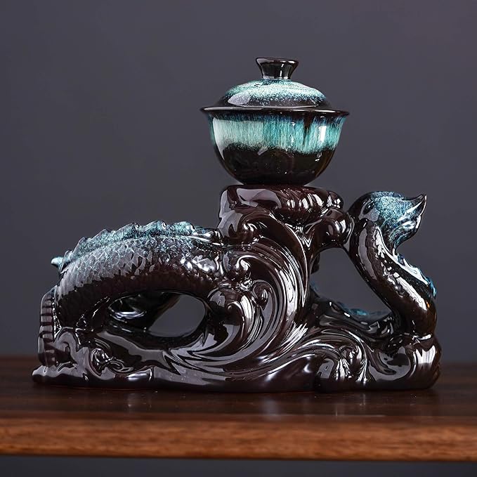 Semi Automatic Tea Set Ceramic Teapot with Infuser Magic Teapot with 8 cups Gradient Color (Gradient Dragon- D)