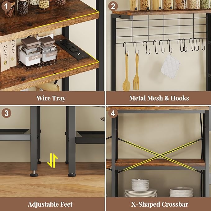 iabifo L-Shaped Bakers Rack with Power Outlet, 6-Tier Microwave Stand with Open Storage, Coffee Bar with Hooks, Mesh Grid, Kitchen Shelf with Wire Basket, Rustic Brown and Black