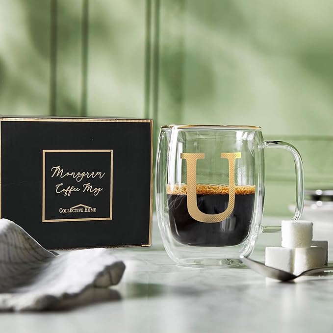 COLLECTIVE HOME - Double Walled Glass Coffee Mugs, Insulated Coffee Mug with Handle, Personalized Gifts for Women, Men, Christmas, 14 oz Monogram Cups (U)