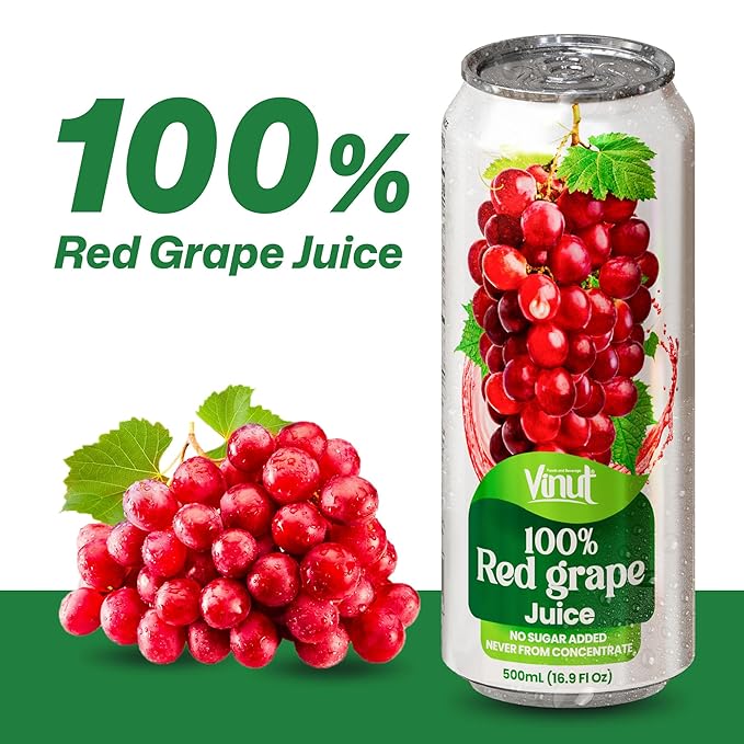 VINUT 100% Red Grape Juice, No Added Sugar, Not From Concentrate, 16.9 fl oz (500 mL) Can, Pack of 12