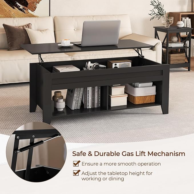 Yaheetech Black Wood Coffee Table Lift Top Coffee Table w/Hidden Storage & 2 Open Shelves for Living Room Reception Room Office, 39.5in L