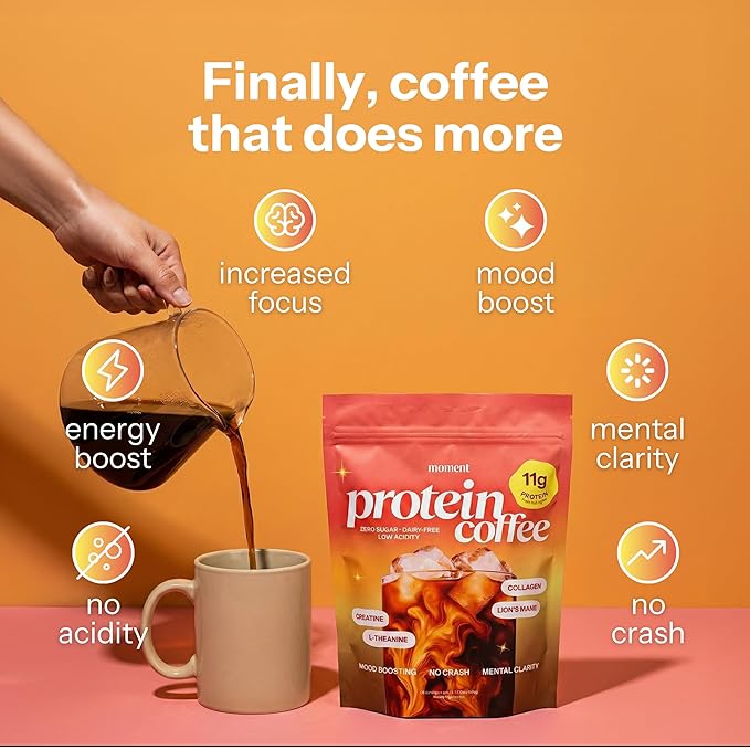 Moment Protein Coffee Powder with Mushrooms & Creatine – Zero Sugar, Low Acidity Instant Protein Coffee Powder with Lion’s Mane, Reishi & L-Theanine for Energy, Focus & Mental Clarity-25 Servings
