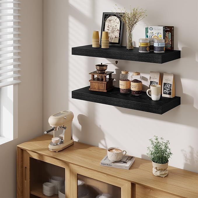 Fun Memories 12 Inch Deep Floating Shelves for Wall, 30 Inch Long Floating Shelf, 30 x 12 Shelf for Wall, Rustic Wood Bookshelves, Hanging Shelves for Bathroom Kitchen Bedroom, Black, Set of 2