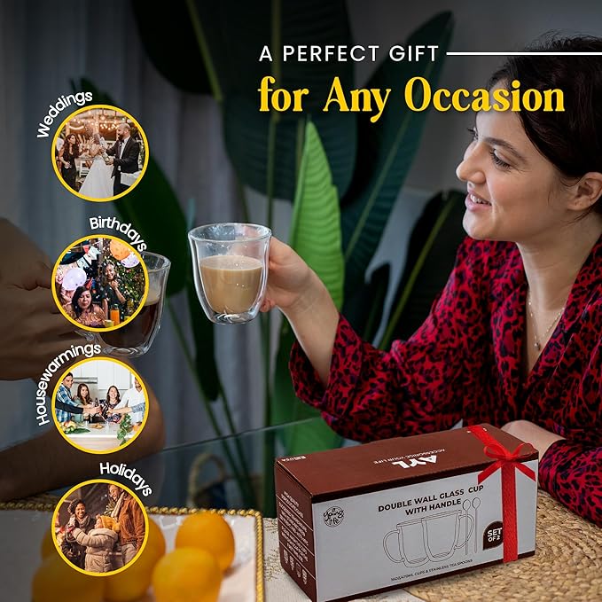 AYL Double Wall Clear Glass Coffee Mugs - 16 oz Insulated Clear Latte Mugs, Perfect for Espresso, Cappuccino, Latte, Tea - Elegant Glass Cups Set of 2