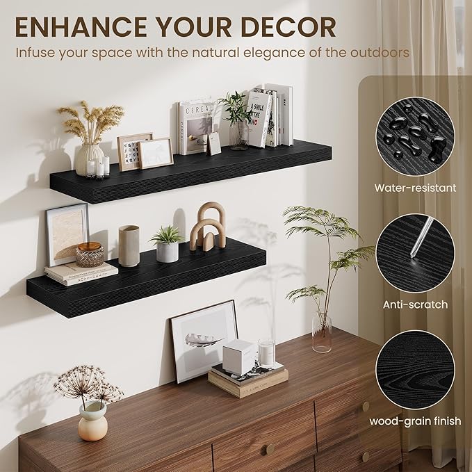 Fun Memories 12 Inch Deep Floating Shelves for Wall, 30 Inch Long Floating Shelf, 30 x 12 Shelf for Wall, Rustic Wood Bookshelves, Hanging Shelves for Bathroom Kitchen Bedroom, Black, Set of 2