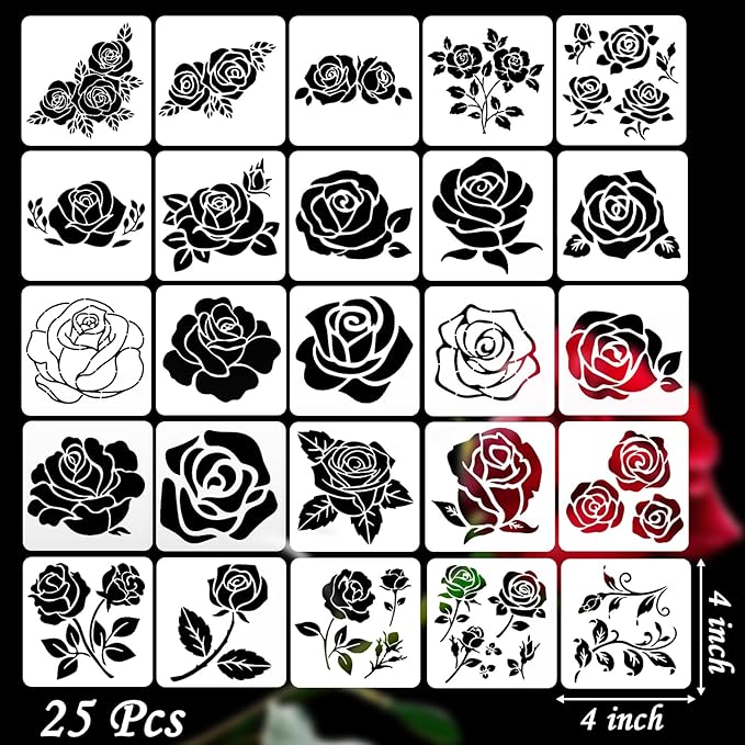 Rose Flower Cake Stencils Kit Reusable Floral Cookie Coffee Stencil Drawing Template for Valentines Day Dessert Buttercream Painting DIY Crafts Decor (25 Pcs)