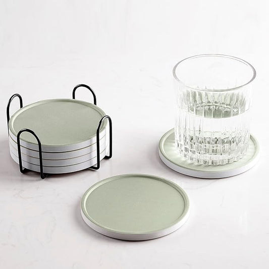 Set of 6 Sage Green Coasters with Holder, Absorbent Ceramic Drink Coasters with Cork Backing for Table Protection, Table Decor, Housewarming Gifts