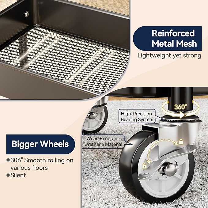 YASONIC 3 Tier Rolling Cart - Metal Utility Cart with Wheels, Hanging Cups, Hooks, Heavy Duty Mesh Rolling Storage Cart Organizer, Craft Cart for Kitchen Office, Lightweight and Sturdy