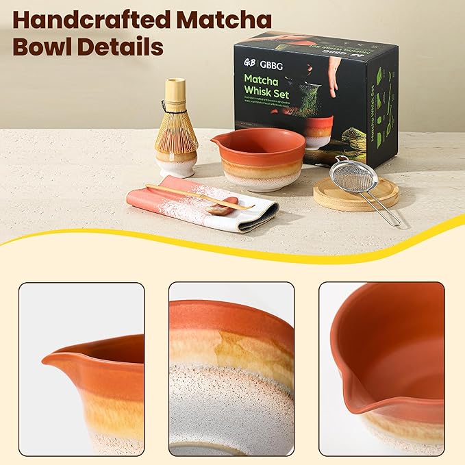 Matcha Whisk Set, Ceramic Matcha Kit Desert Style, Matcha Whisk and Bowl, Bamboo Scoop and Rest, Sifter and Tea Towel, 7 Pcs Gifts for Matcha Lover - Matte Soil
