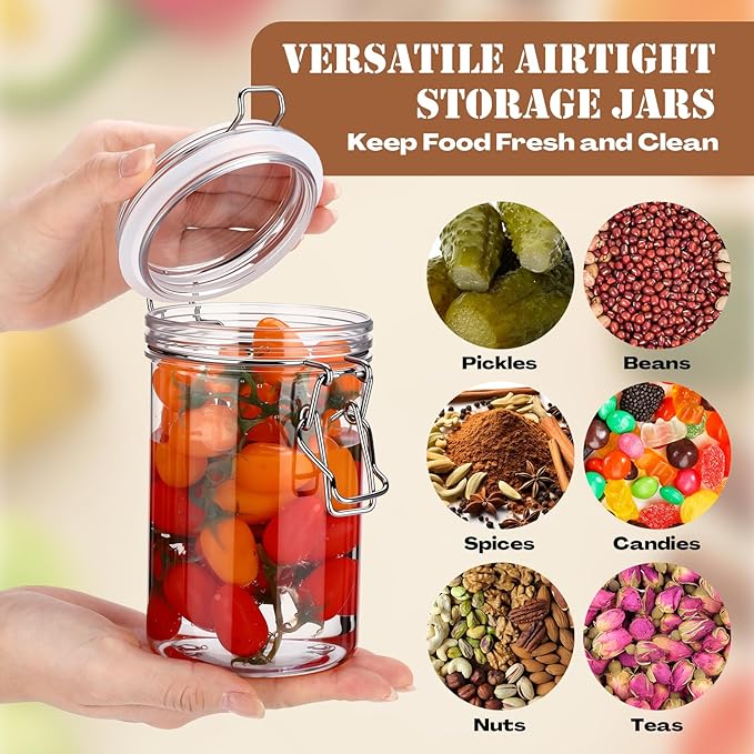 Suclain 6 Pcs 25 Oz/750 ml Plastic Storage Jars with Airtight Hinged Lids, Clear Wide Round Mouth Food Storage Containers Empty Bottles Sealed Jars for Home Kitchen Candy Herbs Spices Coffee Nuts