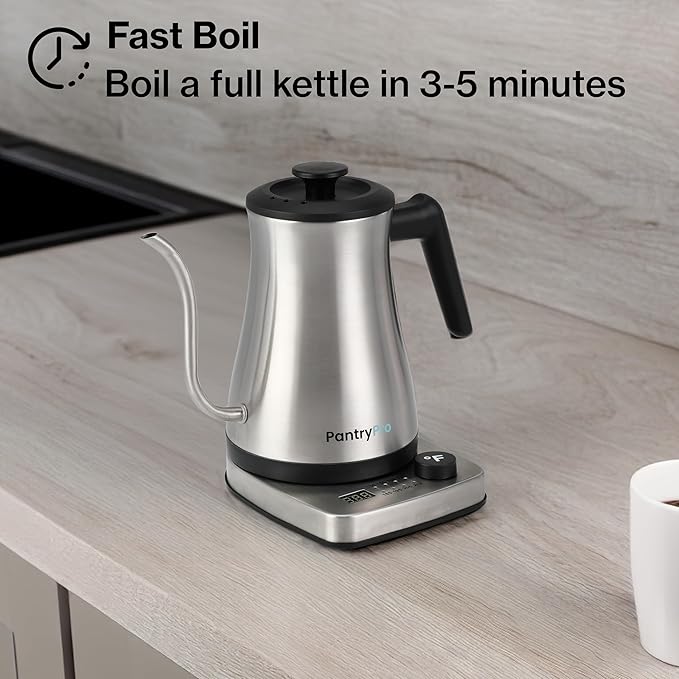 PantryPro Gooseneck Electric Kettle with Temperature Control, 34oz/1.0L Rapid Boil, Stainless Steel Interior, Auto Shut-Off, 1500W, Boil-Dry Protection, LED Indicator - Steel