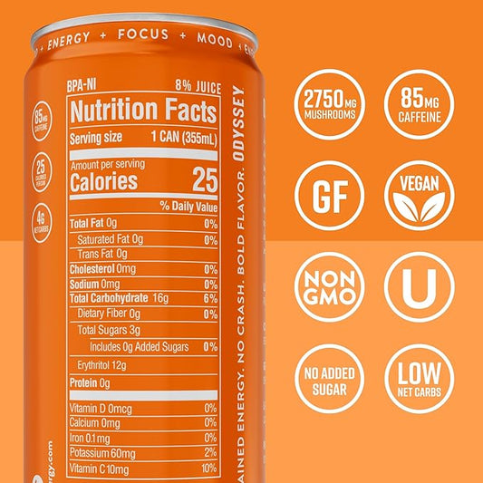 Odyssey Functional Energy Drink for Focus, Cognition & Mood Support 12 Pack - Adaptogenic Drink with 85mg Green Tea Caffeine, Lion’s Mane, Cordyceps, L-Theanine & Ginseng, Sparkling Orange
