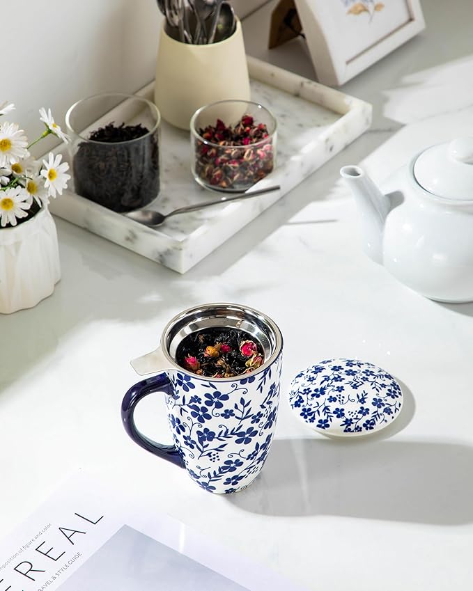 vancasso SELENE Porcelain Tea Mug, 18 oz Porcelain Tea Cup with Infuser and Lid Steeps Loose Leaf Tea, Microwave & Dishwasher Safe, Five-Leaf Clover