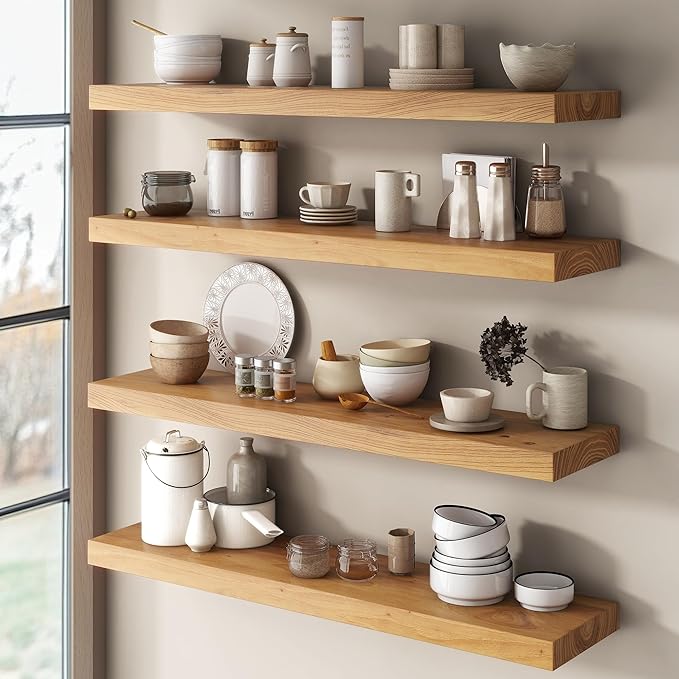 Elm Floating Shelves for Wall Decor, Rustic Solid Wood Shevles Wall Mounted with Invisible Bracket for Living Room Bathroom Bedroom Kitchen, 48 Inch Set of 1, Natural