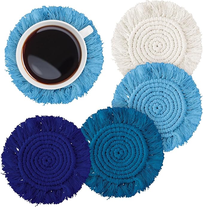 Whaline 4Pcs Boho Macrame Coasters Blue Handmade Woven Drink Coasters Farmhouse Rustic Cup Mat Pad for Home Kitchen Office Table Desk Housewarming Gift Party Table Decor