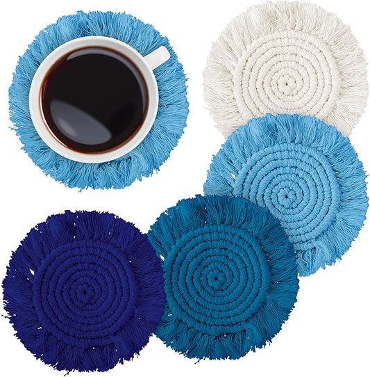 Whaline 4Pcs Boho Macrame Coasters Blue Handmade Woven Drink Coasters Farmhouse Rustic Cup Mat Pad for Home Kitchen Office Table Desk Housewarming Gift Party Table Decor
