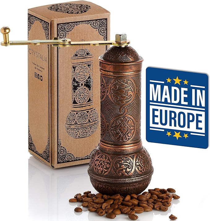 Crystalia Refillable Coffee Grinder, Authentic Manual Mill with Adjustable Grinder, Metal Coffee Mill with Handle, Antique Coffe Grinder with Hand Crank, Adjustable Coarseness