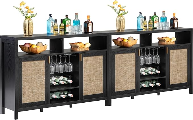 SICOTAS Rattan Coffee Bar Cabinet, 102" Sideboard Buffet Cabinet with Storage, Modern Liquor Wine Cabinet Set of 2 Credenza Console Buffet Table for Home Living Dining Room Entryway, Black