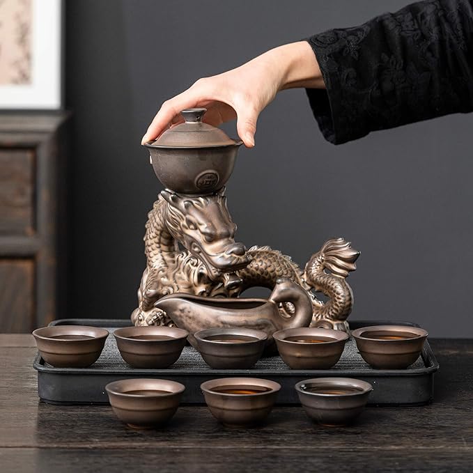 Kungfu Tea Sets Ceramic Teapot with Infuser Loose Leaf Tea Teapot with 8 cups (Antique Brass Dragon- C)