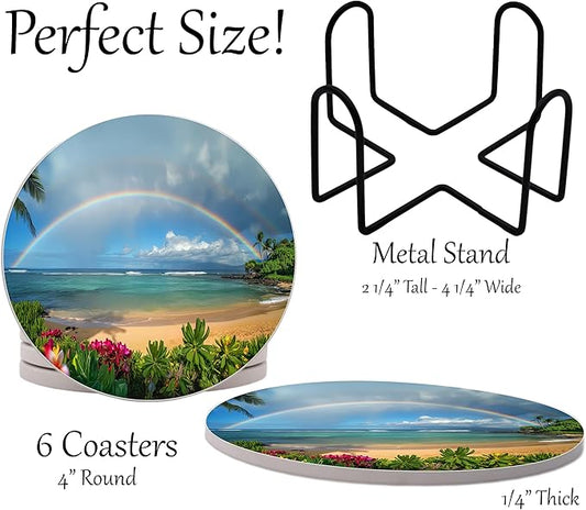Summer Sunshine Beach Season Leaves Round Coasters Set of 6 - Abosrbent Ceramic Coasters with Metal Stand for Drinks, Coffee, Non-Slip Cork Back for Tabletop Protection, 4 Inches (Rainbow)