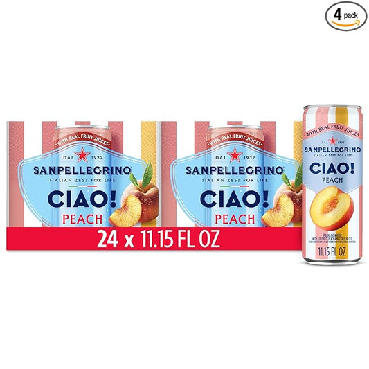 Sanpellegrino CIAO Peach Sparkling Water, Low-Calorie Italian Sparkling Water with Real Fruit Juices, 0g Added Sugar, 24-Pack