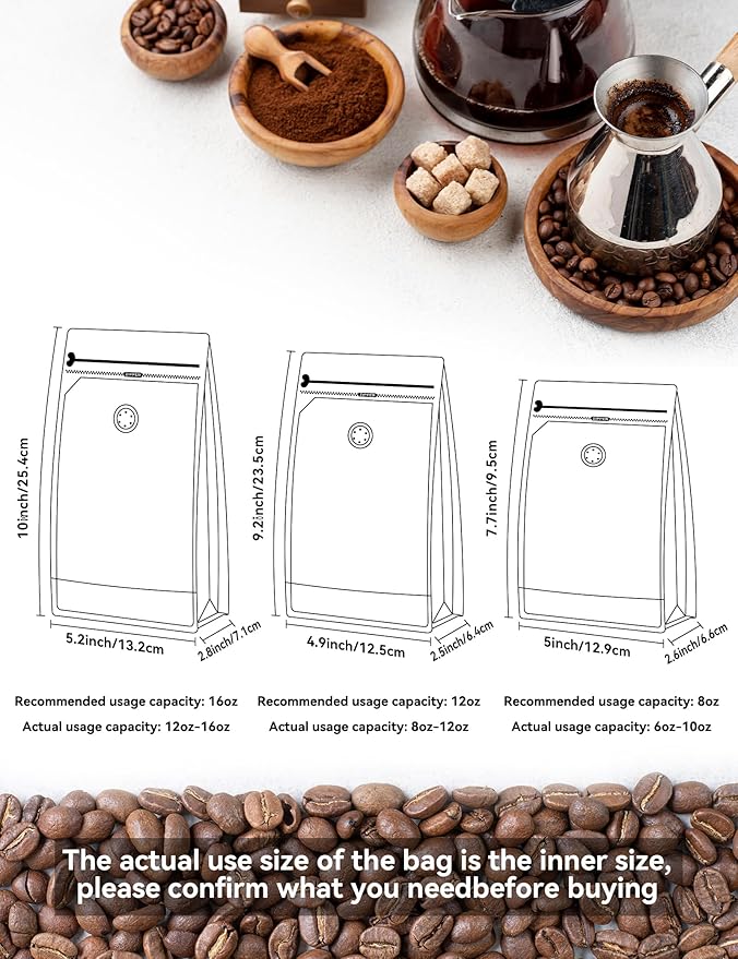 FireKylin 50 PCS Coffee Bags with Valve, (12 oz, 3/4 lb) Stand Up Pouches, Resealable coffee bean bags, Vented food storage bags Pull Tab Side Zipper (Brown)