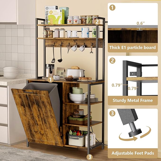 Kitchen Bakers Rack with Storage Shelf - 6-Tier Microwave Stand Oven Cabinet W/Tilting Trash Can Bin and Power Outlet, Farmhouse Thickened Coffee Bar Table Station W/6 Hooks&Adjustable feet