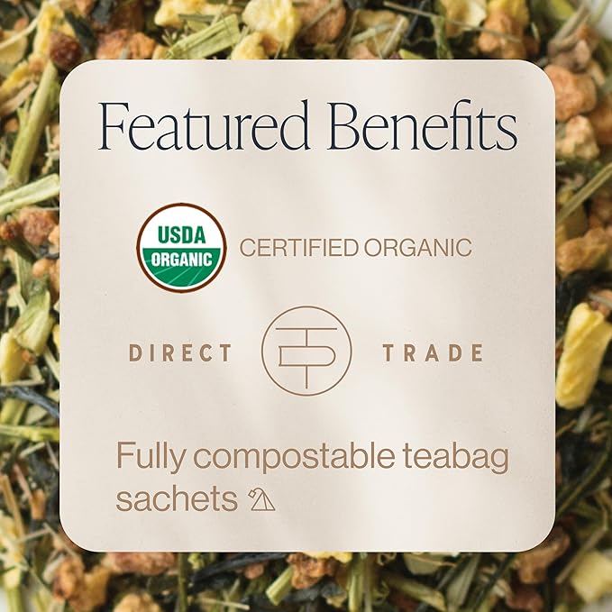 Rishi Tea Yuzu Peach Green Tea - Organic Loose Leaf Green & Herbal Blend, Naturally Sweet & Low Caffeine, Enjoy Hot or Iced - 50 Count