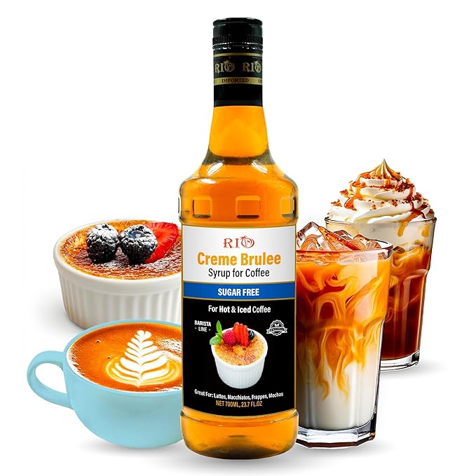 RIO Creme Brulee Sugar Free Coffee Syrup – Low Calorie, Silky & Toasty Flavor for Hot or Iced Drinks, Lattes & Macchiatos, Barista-Grade Zero-calorie sweetener, Skinny syrups sugar free– 700ml